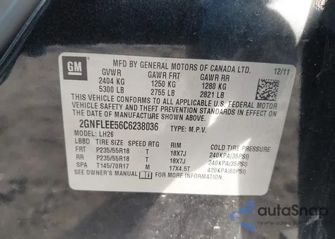 2012 Chevrolet Equinox 1Lt из США, поврежденный, VIN 2GNFLEE56C6238036